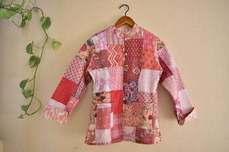 Cotton Handcrafted Kantha Jacket Print Patchwork Women's Quilted Reversible Coat, Kimono Indian Hand Block Printed Vintage