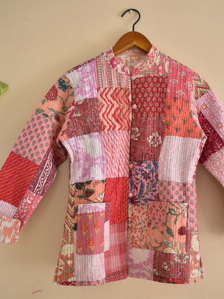 Cotton Handcrafted Kantha Jacket Print Patchwork Women's Quilted Reversible Coat, Kimono Indian Hand Block Printed Vintage Style Boho Vest Autumn Gift for her - 2