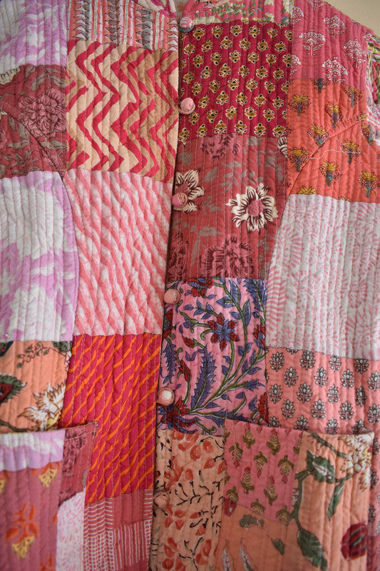 Cotton Handcrafted Kantha Jacket Print Patchwork Women's Quilted Reversible Coat, Kimono Indian Hand Block Printed Vintage