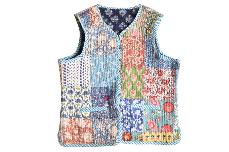 Cotton Handcrafted Kantha Jacket Print Patchwork Women's Quilted Reversible Coat, Kimono Indian Hand Block Printed Vintage