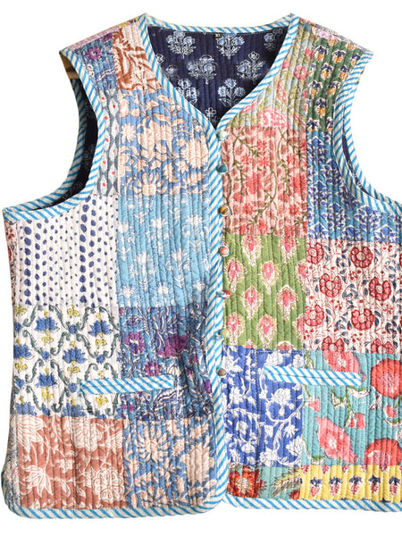 Cotton Handcrafted Kantha Jacket Print Patchwork Women's Quilted Reversible Coat, Kimono Indian Hand Block Printed Vintage Style Boho Vest Autumn Gift for her - 3