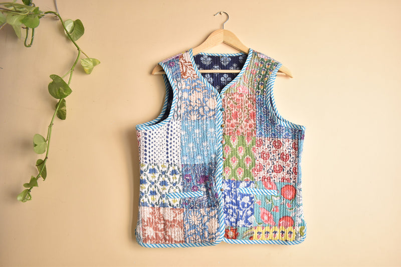 Cotton Handcrafted Kantha Jacket Print Patchwork Women's Quilted Reversible Coat, Kimono Indian Hand Block Printed Vintage