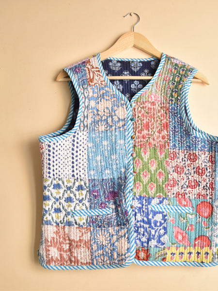 Cotton Handcrafted Kantha Jacket Print Patchwork Women's Quilted Reversible Coat, Kimono Indian Hand Block Printed Vintage Style Boho Vest Autumn Gift for her - 3