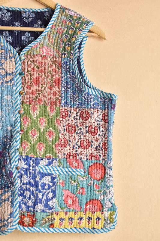Cotton Handcrafted Kantha Jacket Print Patchwork Women's Quilted Reversible Coat, Kimono Indian Hand Block Printed Vintage