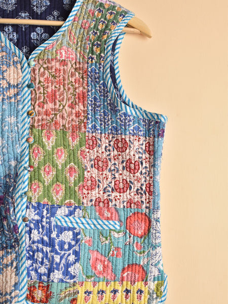Cotton Handcrafted Kantha Jacket Print Patchwork Women's Quilted Reversible Coat, Kimono Indian Hand Block Printed Vintage Style Boho Vest Autumn Gift for her - 3