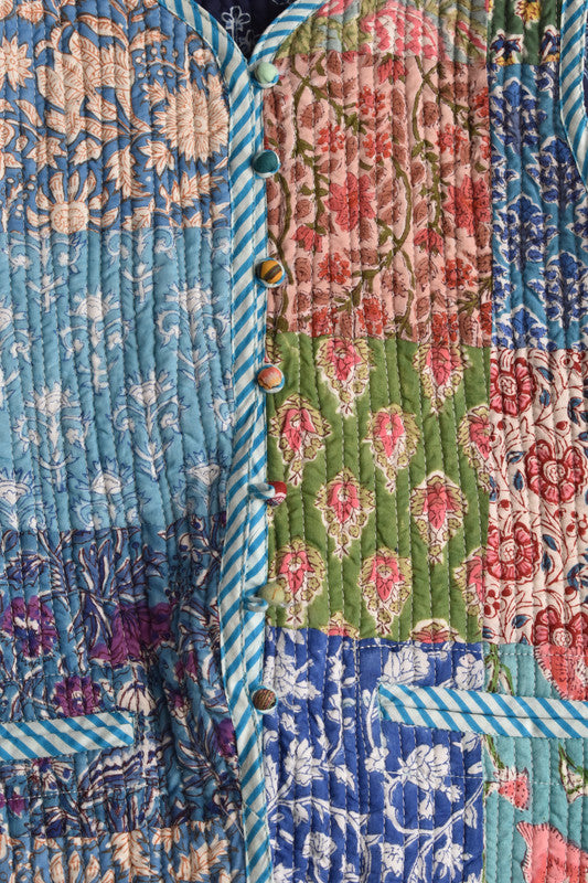 Cotton Handcrafted Kantha Jacket Print Patchwork Women's Quilted Reversible Coat, Kimono Indian Hand Block Printed Vintage