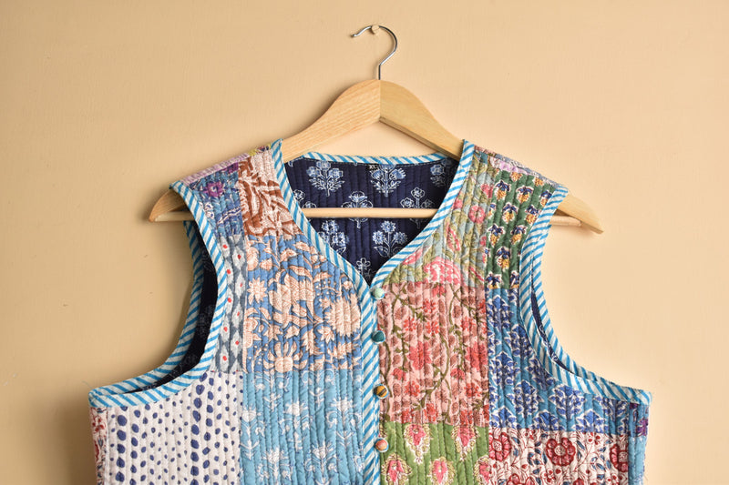 Cotton Handcrafted Kantha Jacket Print Patchwork Women's Quilted Reversible Coat, Kimono Indian Hand Block Printed Vintage