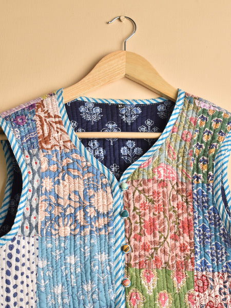 Cotton Handcrafted Kantha Jacket Print Patchwork Women's Quilted Reversible Coat, Kimono Indian Hand Block Printed Vintage Style Boho Vest Autumn Gift for her - 3