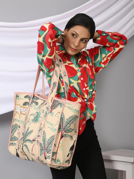 Quilted cotton handprinted reversible large floral patch work stripe tote bag eco friendly Sturdy Grocery Shopping Artist Boho - 27