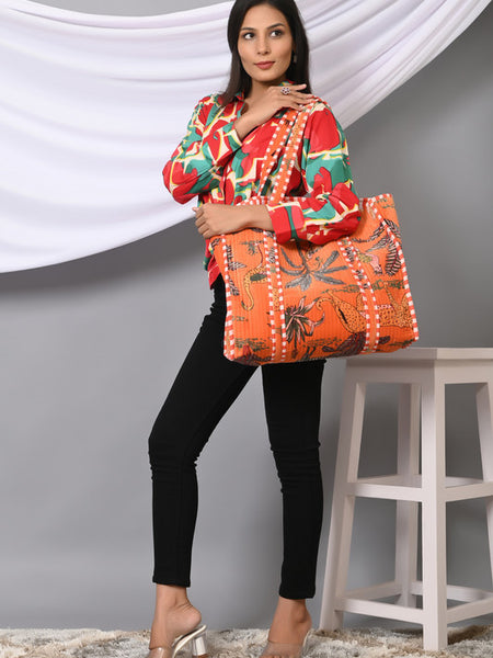 Quilted cotton handprinted reversible large floral patch work stripe tote bag eco friendly Sturdy Grocery Shopping Artist Boho - 26