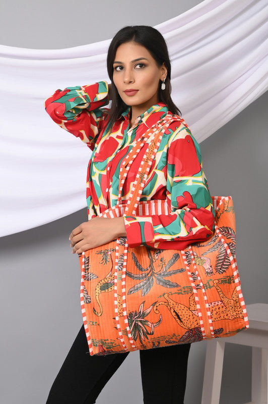 Quilted cotton handprinted reversible large floral patch work stripe tote bag eco friendly Sturdy Grocery Shopping Artist Boho - 26