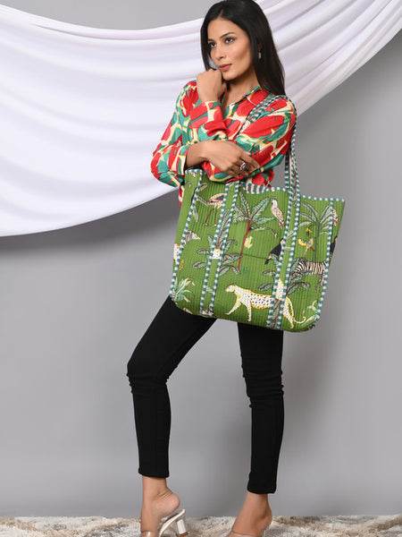 Quilted cotton handprinted reversible large floral patch work stripe tote bag eco friendly Sturdy Grocery Shopping Artist Boho - 25