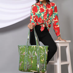 Quilted cotton handprinted reversible large floral patch work stripe tote bag eco friendly Sturdy Grocery Shopping Artist Boho - 25