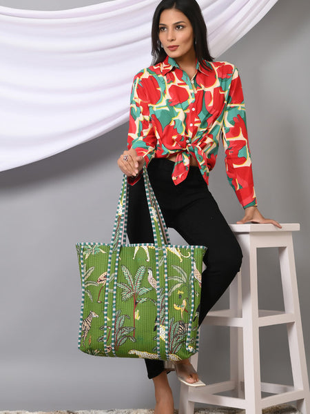 Quilted cotton handprinted reversible large floral patch work stripe tote bag eco friendly Sturdy Grocery Shopping Artist Boho - 25