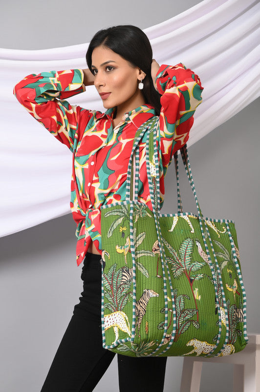 Quilted cotton handprinted reversible large floral patch work stripe tote bag eco friendly Sturdy Grocery Shopping Artist Boho - 25