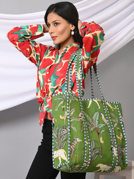 Quilted cotton handprinted reversible large floral patch work stripe tote bag eco friendly Sturdy Grocery Shopping Artist Boho - 25