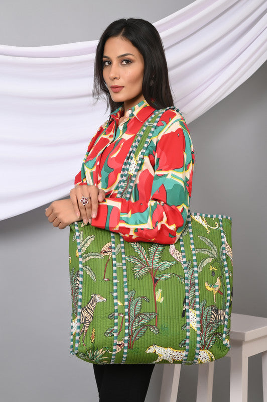 Quilted cotton handprinted reversible large floral patch work stripe tote bag eco friendly Sturdy Grocery Shopping Artist Boho - 12