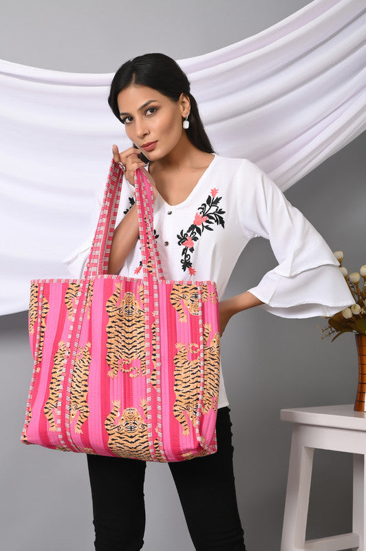 Quilted cotton handprinted reversible large floral patch work stripe tote bag eco friendly Sturdy Grocery Shopping Artist Boho - 24