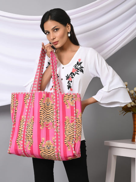 Quilted cotton handprinted reversible large floral patch work stripe tote bag eco friendly Sturdy Grocery Shopping Artist Boho - 24