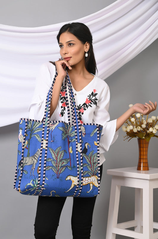 Quilted cotton handprinted reversible large floral patch work stripe tote bag eco friendly Sturdy Grocery Shopping Artist Boho - 22