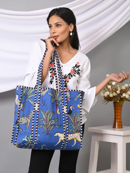 Quilted cotton handprinted reversible large floral patch work stripe tote bag eco friendly Sturdy Grocery Shopping Artist Boho - 22