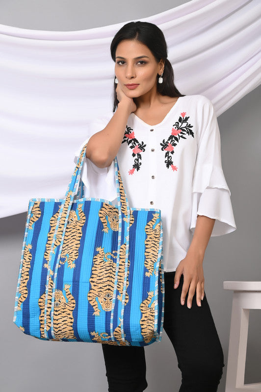 Quilted cotton handprinted reversible large floral patch work stripe tote bag eco friendly Sturdy Grocery Shopping Artist Boho - 20