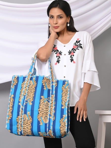 Quilted cotton handprinted reversible large floral patch work stripe tote bag eco friendly Sturdy Grocery Shopping Artist Boho - 20