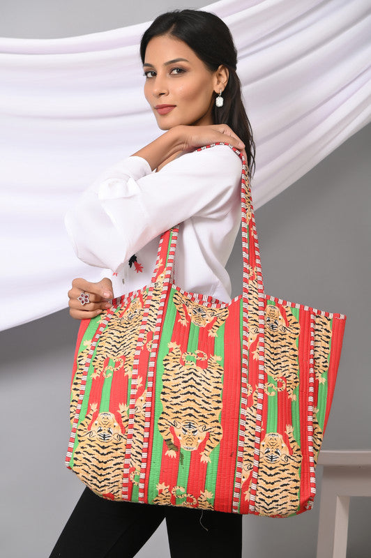 Quilted cotton handprinted reversible large floral patch work stripe tote bag eco friendly Sturdy Grocery Shopping Artist Boho - 19