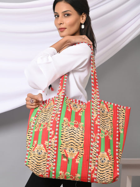 Quilted cotton handprinted reversible large floral patch work stripe tote bag eco friendly Sturdy Grocery Shopping Artist Boho - 19