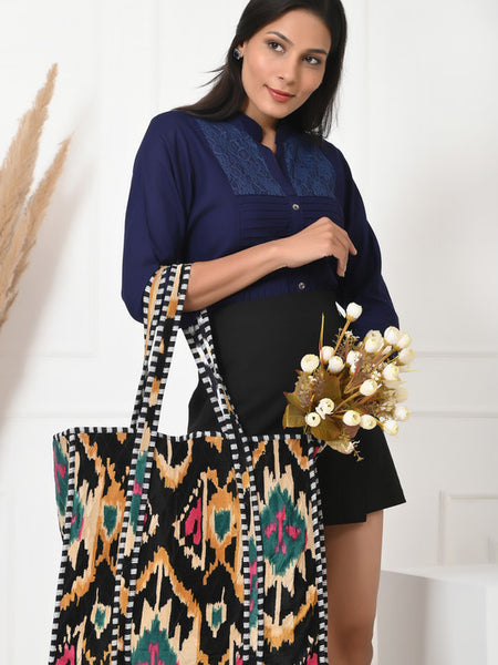 Quilted cotton handprinted reversible large floral patch work stripe tote bag eco friendly Sturdy Grocery Shopping Artist Boho - 16