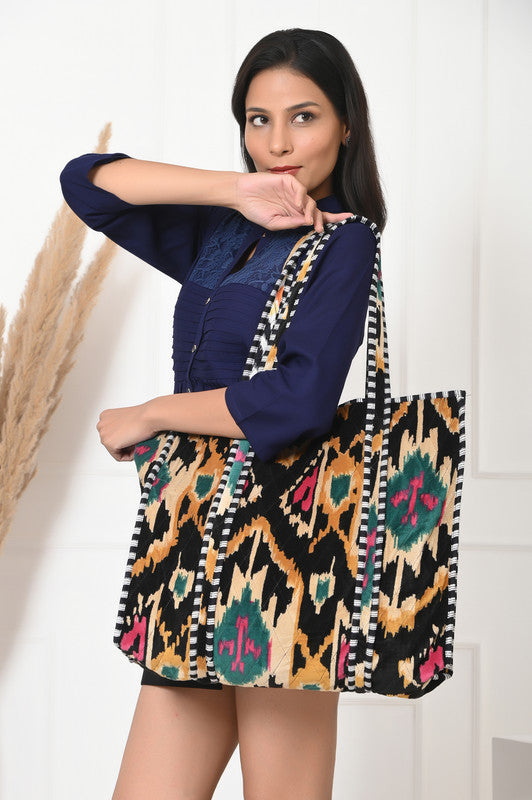 Quilted cotton handprinted reversible large floral patch work stripe tote bag eco friendly Sturdy Grocery Shopping Artist Boho - 16