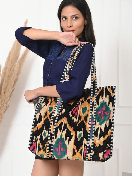 Quilted cotton handprinted reversible large floral patch work stripe tote bag eco friendly Sturdy Grocery Shopping Artist Boho - 16