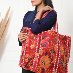 Quilted cotton handprinted reversible large floral patch work stripe tote bag eco friendly Sturdy Grocery Shopping Artist Boho - 15