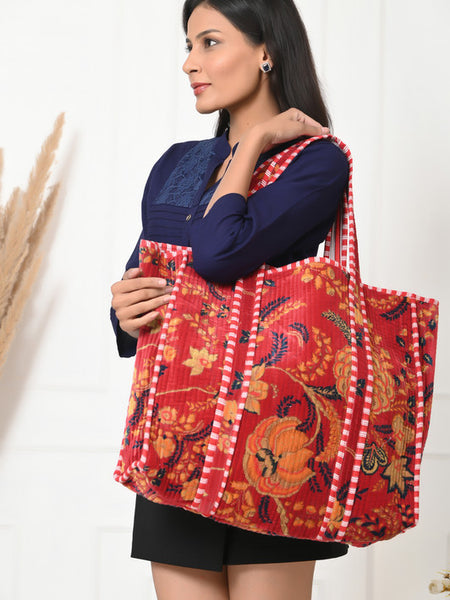 Quilted cotton handprinted reversible large floral patch work stripe tote bag eco friendly Sturdy Grocery Shopping Artist Boho - 15