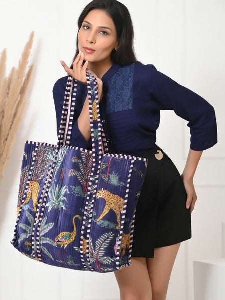 Quilted cotton handprinted reversible large floral patch work stripe tote bag eco friendly Sturdy Grocery Shopping Artist Boho - 14