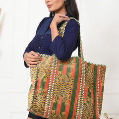 Quilted cotton handprinted reversible large floral patch work stripe tote bag eco friendly Sturdy Grocery Shopping Artist Boho - 13