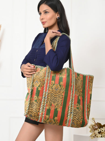 Quilted cotton handprinted reversible large floral patch work stripe tote bag eco friendly Sturdy Grocery Shopping Artist Boho - 13