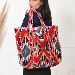 Quilted cotton handprinted reversible large floral patch work stripe tote bag eco friendly Sturdy Grocery Shopping Artist Boho - 11