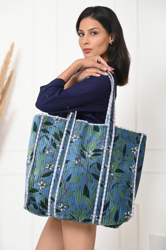 Quilted cotton handprinted reversible large floral patch work stripe tote bag eco friendly Sturdy Grocery Shopping Artist Boho - 9