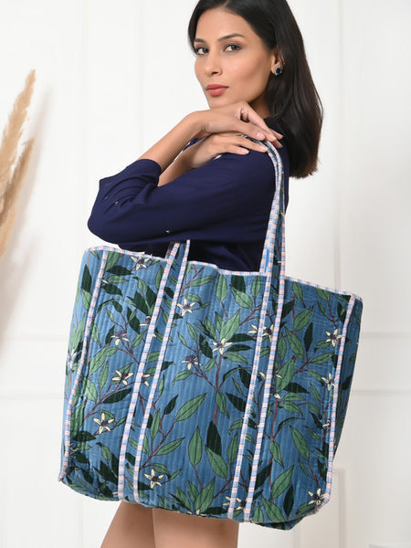 Quilted cotton handprinted reversible large floral patch work stripe tote bag eco friendly Sturdy Grocery Shopping Artist Boho - 9