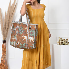 Quilted cotton handprinted reversible large floral patch work stripe tote bag eco friendly Sturdy Grocery Shopping Artist Boho - 6