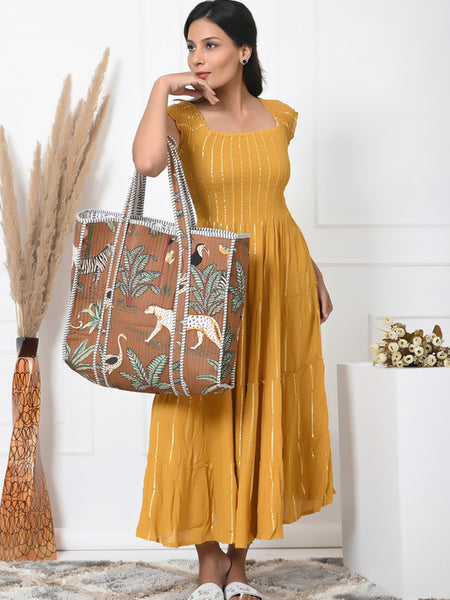 Quilted cotton handprinted reversible large floral patch work stripe tote bag eco friendly Sturdy Grocery Shopping Artist Boho - 6