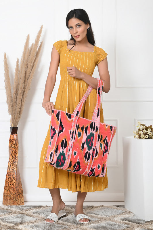 Quilted cotton handprinted reversible large floral patch work stripe tote bag eco friendly Sturdy Grocery Shopping Artist Boho - 5