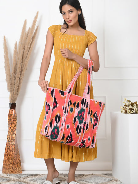 Quilted cotton handprinted reversible large floral patch work stripe tote bag eco friendly Sturdy Grocery Shopping Artist Boho - 5