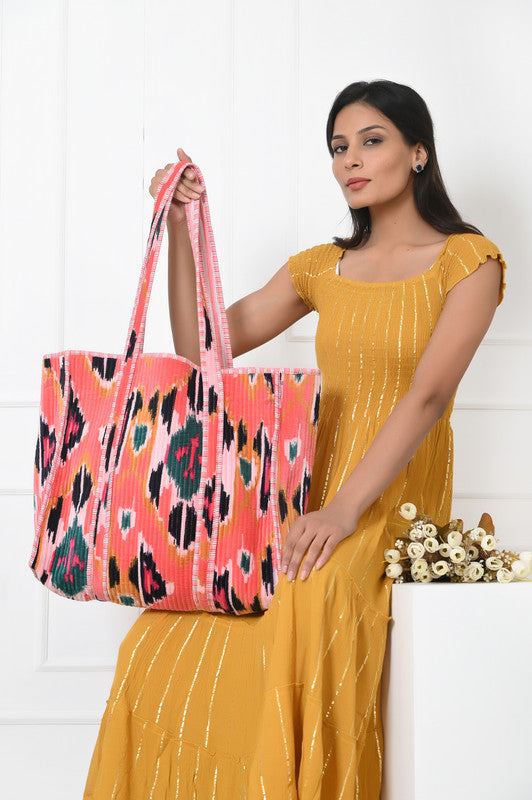 Quilted cotton handprinted reversible large floral patch work stripe tote bag eco friendly Sturdy Grocery Shopping Artist Boho - 5