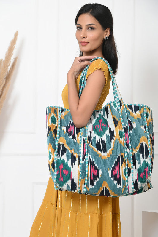 Quilted cotton handprinted reversible large floral patch work stripe tote bag eco friendly Sturdy Grocery Shopping Artist Boho - 4