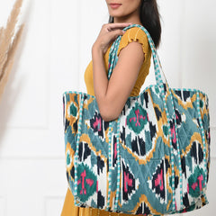 Quilted cotton handprinted reversible large floral patch work stripe tote bag eco friendly Sturdy Grocery Shopping Artist Boho - 4