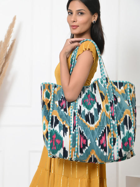 Quilted cotton handprinted reversible large floral patch work stripe tote bag eco friendly Sturdy Grocery Shopping Artist Boho - 4