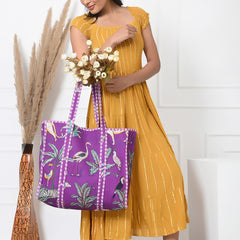 Quilted cotton handprinted reversible large floral patch work stripe tote bag eco friendly Sturdy Grocery Shopping Artist Boho - 3