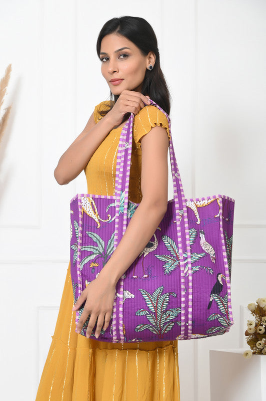 Quilted cotton handprinted reversible large floral patch work stripe tote bag eco friendly Sturdy Grocery Shopping Artist Boho - 3